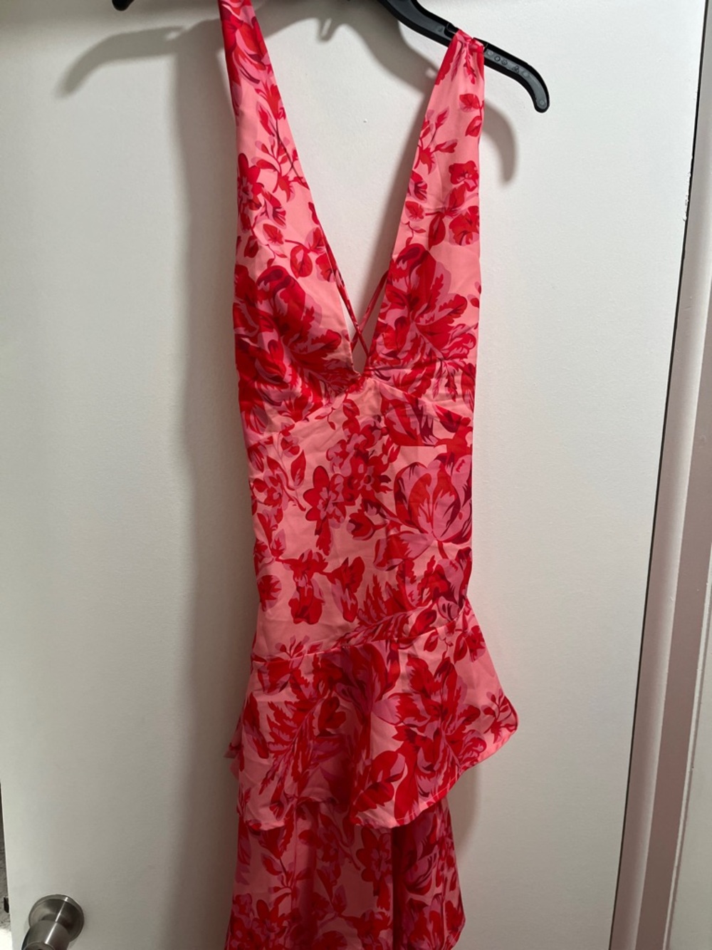 Pink and Red Floral V-Neck Dress